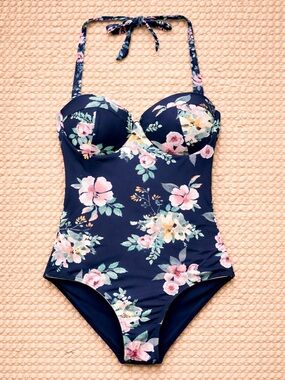 Janela Bay Riverwalk Floral Bra Top Tie Back One Piece Swimsuit Blue Pink Small